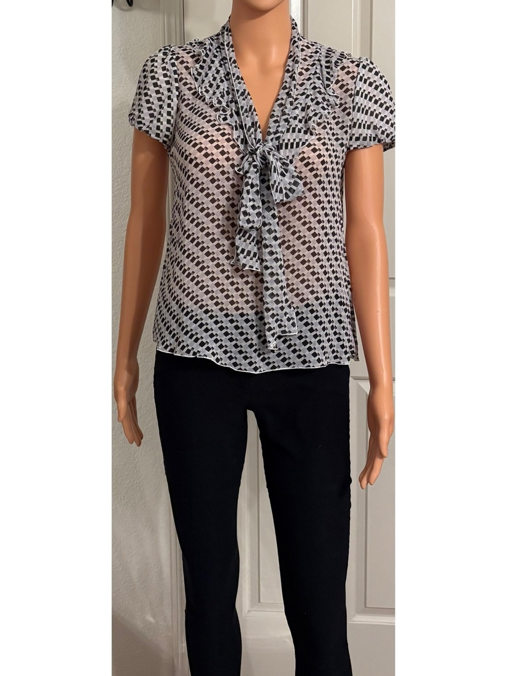 Banana Republic Black & White Tie-Neck Geometric Silk Blouse